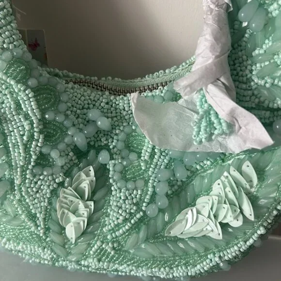 Viral Light Green Floral Beaded Shoulder Bag - Picture 2 of 6